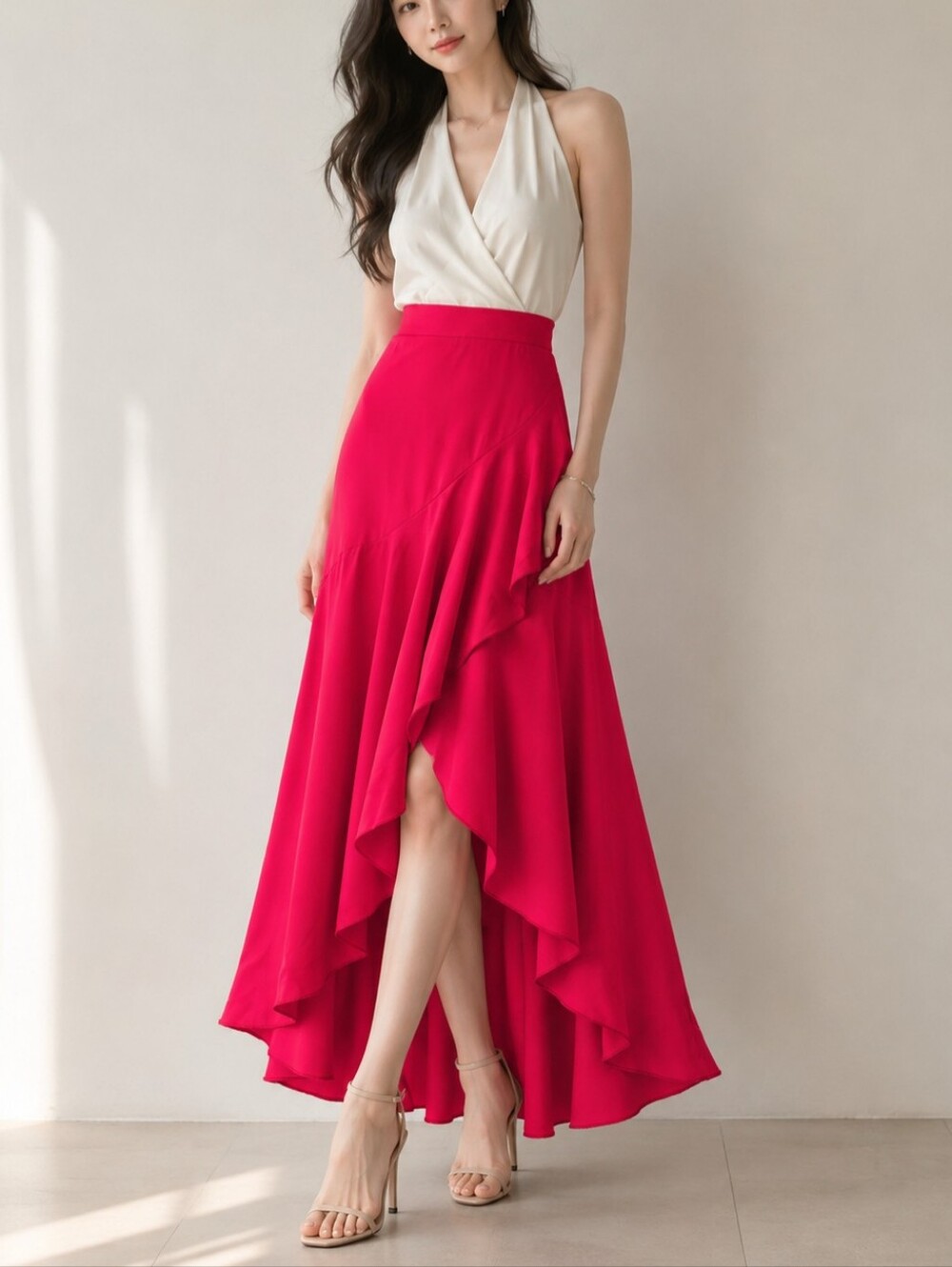 Flattering High-Low Ruffle Skirt in Red Size S - Picture 11 of 11
